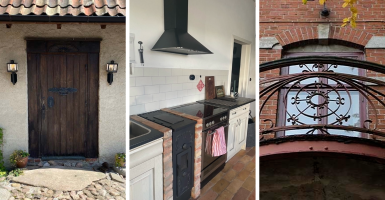Kollage med tre detaljer från byggnader: en mörk trädörr i putsad fasad med smidesbeslag och vägglyktor, ett kök med vedspis, tegelgolv och vita skåp samt en dekorativ smidesbalkong framför ett fönster i en röd tegelfasad.